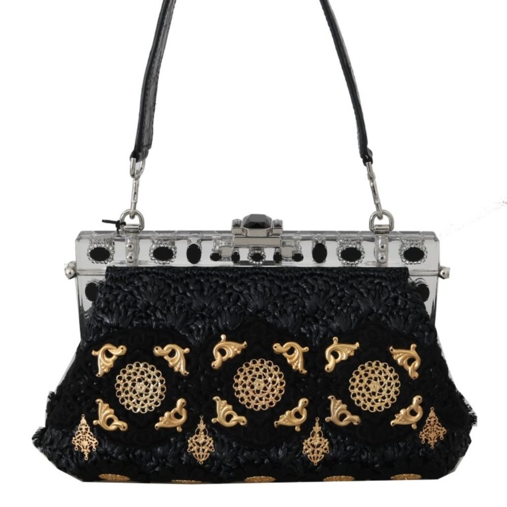 DOLCE & GABBANA VANDA Black Crystal Tassel Gold Charms Party Bag